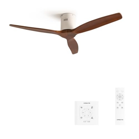 CREATE / WINDCALM/Deckenventilator Weiß Dunkelholzflügel mit Fernbedienung und Wandschalter / 40W, Leise, Ø132cm, ABS, 6 Geschwindigkeiten, Timer von 1 bis 4 Std., DC-Motor, Sommer-Winterbetrieb