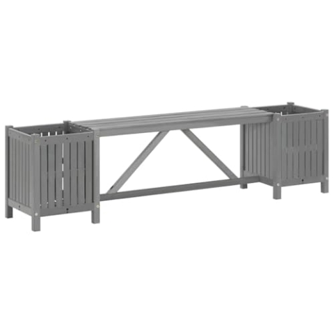 vidaXL Akazienholz Massiv Gartenbank mit 2 Pflanzkübeln Blumenkasten Parkbank Holzbank Sitzbank Bank Terrasse Gartenmöbel 150cm Grau