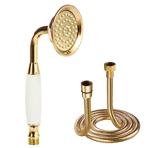 Delnet Classical High-Pressure Head Shower Gold Traditional Telephone Style Hand Held Shower Head Water Saving Shower and 1.5M Hose