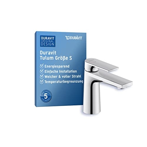 Duravit Tulum Waschtischarmatur, Größe S (Auslauf Höhe 97 mm), Wasserhahn Bad, Waschbecken Armatur mit FreshStart-Funktion, Chrom