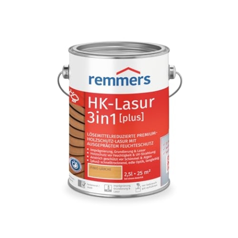 Remmers HK-Lasur 3in1 [plus] pinie/lärche, matt, 2,5 Liter, Lösemittelreduzierte Premium-Holzschutz-Lasur für außen, 3in1, schnelltrocknend, langlebig