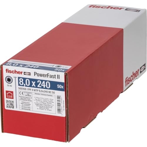 fischer PowerFast II WTP 8,0 x 240, kraftvolle Holzbauschraube mit Tellerkopf, Innenstern-Aufnahme und Teilgewinde, für den konstruktiven Holzbau, 50 Stk.