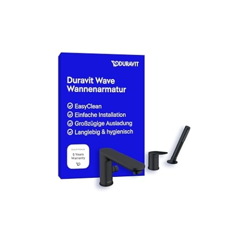 Duravit Wave 3-Loch Wannenarmatur, Einhebel-Wannenmischer mit Keramikmischsystem, Badewannenarmatur, Schwarz Matt