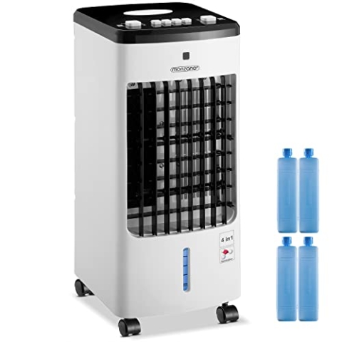 MONZANA® Luftkühler 4in1 mobil 60W 330m³/h Oszillation 3,5L inkl. 4 Kühlakkus 3,5L Ventilator Luftbefeuchter Ionisator Klimagerät Turmventilator