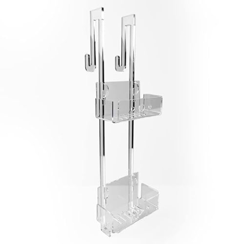 IKONA Dusch-Shampoo-Halterung zum Aufhängen aus Plexiglas, Struktur, 8 mm, mit Haken für Handtücher und Bademäntel (keine Schrauben, Höhe 65 cm, Breite 20 cm, Tiefe 10 cm)