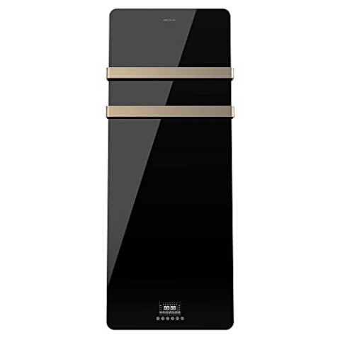 Cecotec Elektrischer Badheizkörper ReadyWarm 9890 Crystal Towel OldGold. Glasbadheizkörper 850 W, Ferbedienung, LED-Anzeige, 24/7 Timer, Touch-Steuerung, Schutzart IP24, 2 Aufhänger, 10 m²