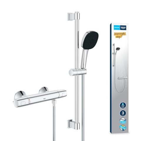 GROHE Precision Trend, Duschset mit Thermostat wassersparend, 8l pro Min (Duscharmatur hält Temperatur konstant, Duschkopf 3 Strahlarten, 1,75m Schlauch, Duschstange 60cm, 3in1 Tool), chrom, 34237003