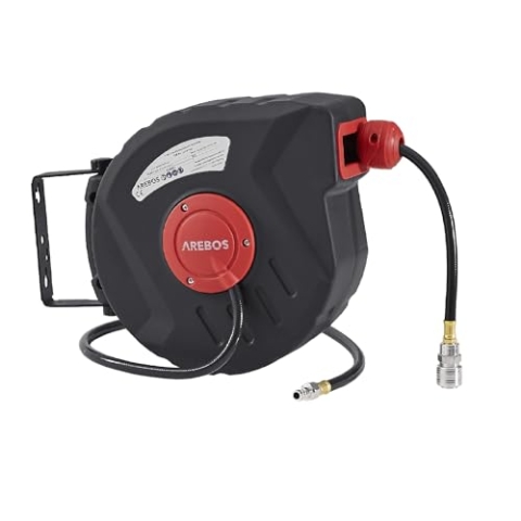Arebos Druckluftschlauch Aufroller | Automatik Schlauch Aufroller | Wandhalterung | 1/4 Zoll Schnellkupplung | UV-beständig | 180° Schwenkbar | inkl. Montagehalter | 10 m