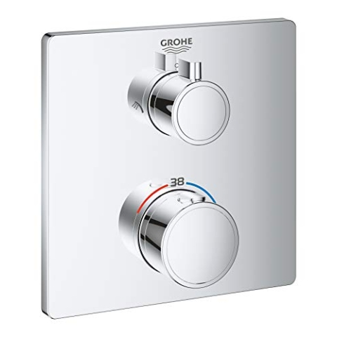 GROHE Grohtherm, Badewannenarmatur Thermostat (Duscharmatur für die Badewanne, Verbrühschutz bei 38°C und 43°C, Umstellung für 2 Abgänge, ohne Rohbau-Set), eckig, chrom, 24079000