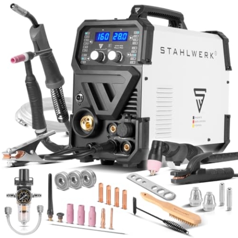 STAHLWERK Schweißgerät 6 in 1 Kombi CTM-416 Puls Pro - CUT, WIG, MIG MAG, PULS, MMA, FLUX, mit 160 A, 40 A Plasmaschneider, HF-Zündung, Puls-Funktion für Alu, Drahtvorschub, LED-Licht