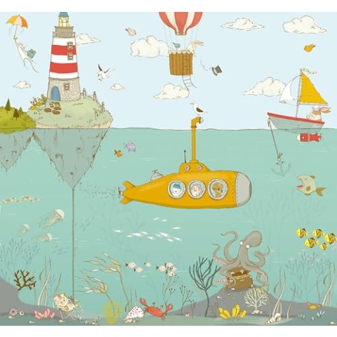 Komar Vlies Fototapete - Sealife - Größe: 300 x 280 cm (Breite x Höhe) - Wimmelbild, Unterwasser, U-Boot, Kinderzimmer, Tapete - IAX6-0014
