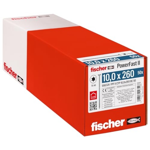fischer PowerFast II CTP 10,0 x 260, kraftvolle Holzbauschraube mit Senkkopf, Innenstern-Aufnahme und Teilgewinde, für den konstruktiven Holzbau, 50 Stk.