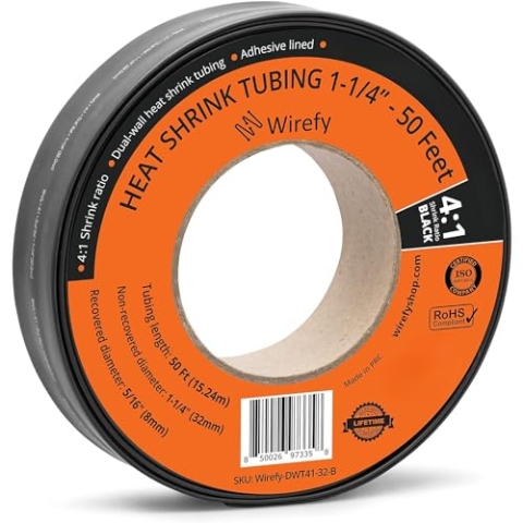 Wirefy Schrumpfschlauch Rolle - 32mm - 15,25m - 4:1 Schrumpf-Rate - Schrumpfschlauch Schwarz Wasserdicht - Kabel Reparaturset als Löt-Zubehör - Heat Shrink Tubing