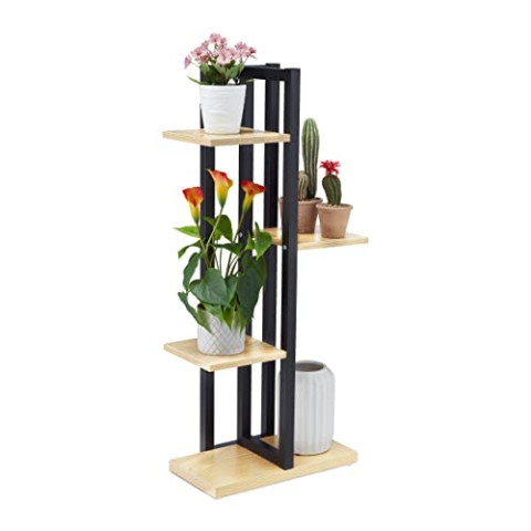 Relaxdays Blumenregal Metall, 4-stufige Indoor Blumentreppe, Holzoptik, HxBxT: 93x42,5x22,5 cm, Pflanzenregal, hellbraun