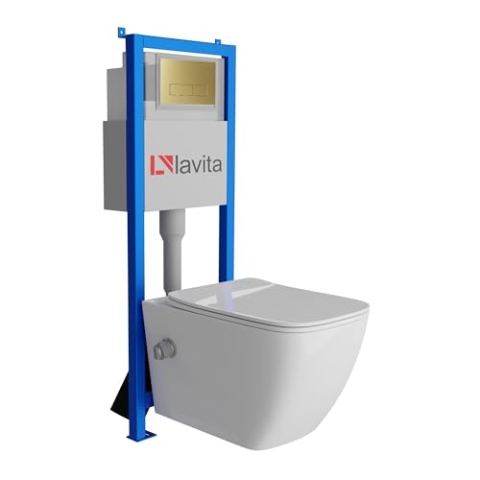 Lavita LAV 101 Vorwandelement für WC 40cm + Wand Hänge Tiefspül WC PARANA Weiß Spülrandlos + Bedienplatte LAV 200.3.5 Gold | Komplettset | Unterputz Spülkasten | Toilette Komplett Sett