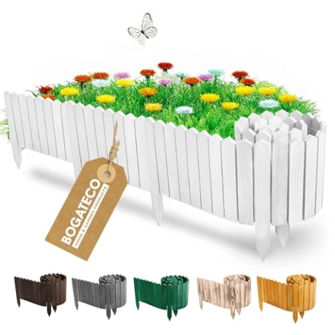 BOGATECO Beeteinfassung Holz Rollborder Holzlatten | Rollzaun 30cm Hoch & 200cm lang | Holz-Zaun | Staketenzaun Perfekt als Beet-Umrandung oder Weg-Abgrenzung | Weiß