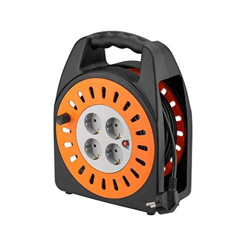 Goobay 71355 Kabeltrommel 25m / Kabelbox mit 4fach Steckdose / IP20 Innen Kabelrolle / Kabelaufwickler mit Überspannungsschutz Innenbereich / Verlängerungskabel 25m