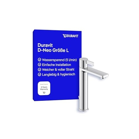 Duravit D-Neo Waschtischarmatur, Größe L (Auslauf Höhe 206 mm). Wasserhahn Bad mit Zugstangen-Ablaufgarnitur, Chrom