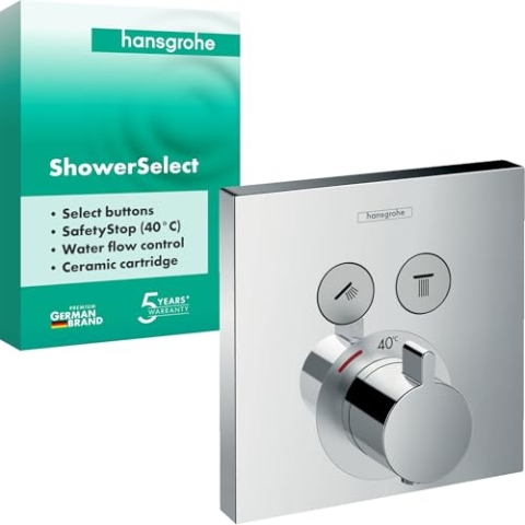 hansgrohe ShowerSelect - Thermostat Unterputz, Armatur mit Sicherheitssperre (SafetyStop) bei 40° C, eckiges Thermostat, Mischbatterie für 2 Verbraucher, Chrom, 15763000