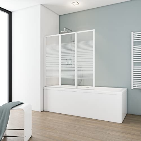 Schulte Duschwand Smart inkl, Klebe-Montage, 127 x 121 cm, 3-teilig faltbar, 3 mm Sicherheits-Glas Dekor Querstreifen, Alpin-weiß, Duschabtrennung für Wanne