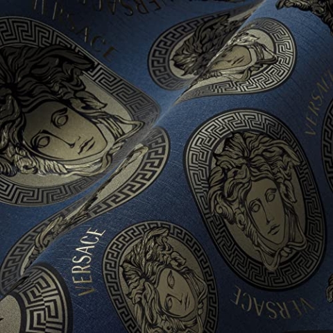 VERSACE WALLPAPER Blau Perlbeige Schwarz Designer Tapete Vliestapete Logo Medusa 386113 10,05x0,70m Made in Germany