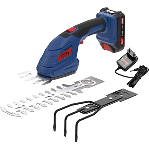 Güde Akku Gartenpflege-Set GPS 18-201-05 (18V, Grasscherenaufsatz, Hecken-/Strauchscherenaufsatz, Harkenaufsatz), Blau, Schwarz, Rot
