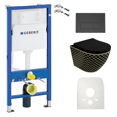 Lavita Duofix Basic Vorwandelement + Wand Tiefspül WC Sofi Slim Black Night Spülrandlos + WC Sitz + Bedienplatte Delta 25 Schwarzer Knopf Komplettset Unterputz Spülkasten Toilette Komplett Sett WC