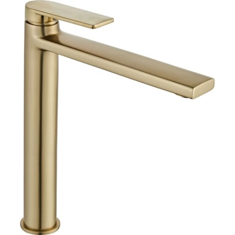 Rea Waschtischarmatur VERSO BRUSH GOLD HIGH Wasserhahn Bad Badarmatur aus Messing Armatur für Waschbecken Badezimmer Mischbatterie Waschbecken Einhebel (Gebürstetes Gold)