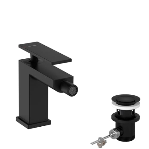 hansgrohe Tecturis E - Bidetarmatur mit Zugstangen-Ablauf, Wasserhahn Bad mit Auslauf Höhe 101 mm, Einhebel-Bidetmischer, Mattschwarz