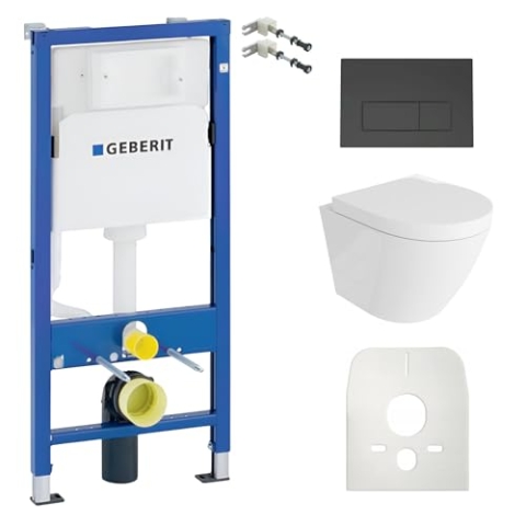 Lavita Duofix Basic Vorwandelement + Wand Tiefspül WC Sogo Weiß Spülrandlos + WC Sitz + Bedienplatte Delta 25 Schwarzer Knopf Komplettset Unterputz Spülkasten Toilette Komplett Sett WC