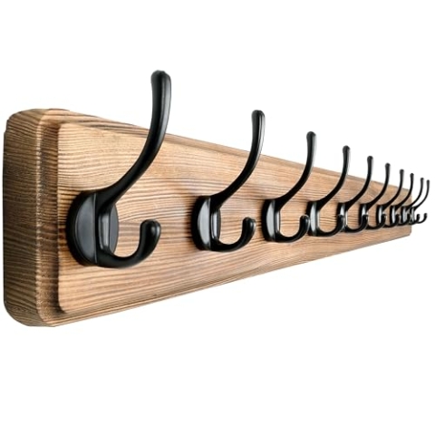 Dseap Garderobe, 97cm Lang Robust Hakenleiste Garderobenleiste Holz mit 10 Haken, Garderobenhaken Wand, Kleiderhaken für Mantel Kleidung Hut Jacken Schals,Natur