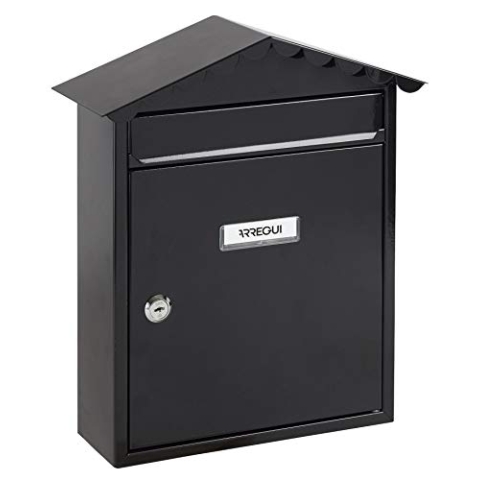 ARREGUI Visit E5744 Briefkasten aus Verzinktem Stahl, Größe M (DIN A4 Post), Wandbriefkasten für den Außenbereich, Postkasten für Draußen mit Namensschild, Einwurfklappe und Schutzdach, Schwarz