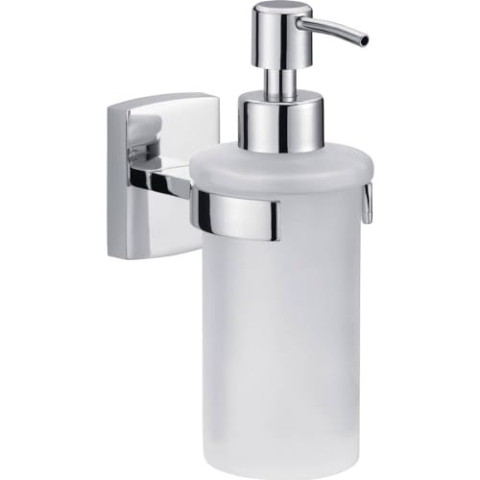 tesa KLAAM Seifenspender-Set, satiniertes Glas und verchromter Edelstahl - Flüssigseifenspender zur Wandbefestigung ohne Bohren, inkl. Klebelösung - 70 mm x 170 mm x 125 mm