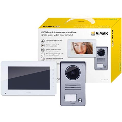 VIMAR K40930 Videosprechenalagen-Set enthält Freisprech-Videohaustelefon LCD 7in, 1-Taste Klingeltableau mit Regenschutz, DIN Netzgerät, 1 Familie