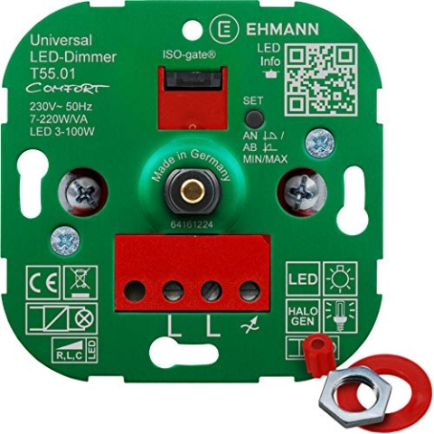EHMANN 5500x0100 T55.01 Universaldimmer Comfort mit ISO-Gate Technologie, Unterputz-Drehdimmer, Dimmprinzip frei wählbar, Leistung: LED 3-100W, 7-220W/VA