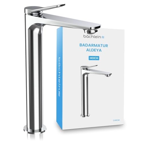 Bächlein Badarmatur Aldeya hoch in modernem Design, extra hoher Einhebelmischer für Aufsatzwaschbecken mit Montage-Set, Bad Wasserhahn Chrom
