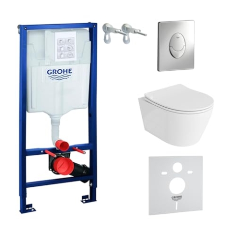 LAVITA Vorwandelement Solido Start + Wand Hänge WC Praia Weiß Spülrandlos + + WC Sitz mit Absenkautomatik Verchromter Knopf Komplettset Unterputz Spülkasten Toilette Komplett Sett WC