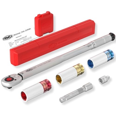 FAMEX 10886-3N Drehmomentschlüssel Set 1/2" (12,5mm) - 30-210 Nm mit Stecknüsse aus robusten Chrom-Molybdän-Stahl, Kalibrierschein, geprüft, Verlängerung, Adapter