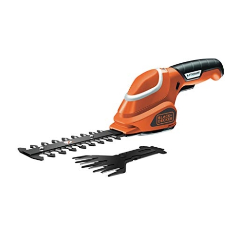 Black+Decker Akku-Strauch- und Grasschere werkzeugloser Klingenwechsel (7 V, Laufzeit ca. 50min, leichtes Gewicht inkl. Ladekabel und Ladestation, 3 Stufen-Ladestandanzeige) schwarz orange, GSL700