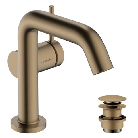 hansgrohe Tecturis S Fine - Waschtischarmatur mit Push-Open Ablauf, energiesparend (CoolStart), Wasserhahn Bad Auslauf Höhe 110mm, Mischbatterie Waschbecken wassersparend (EcoSmart+), Brushed Bronze