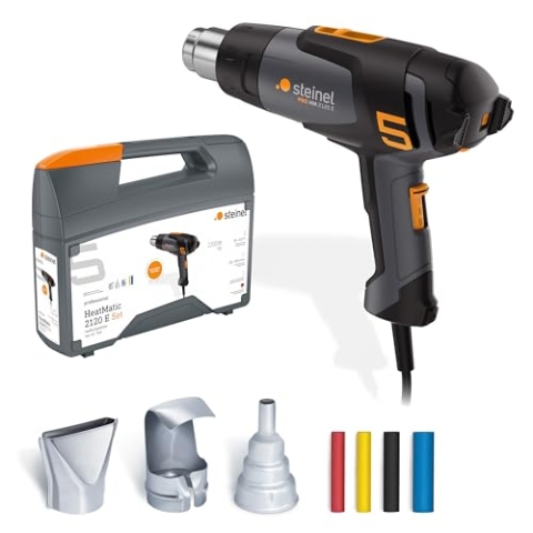 Steinel Heißluftpistole HM 2120 E Set, inkl. Düsen und Schrumpfschläuche, 2200 W Heißluftgebläse, Temperatur 80°-650°C, Heißluftfön mit Keramikheizung