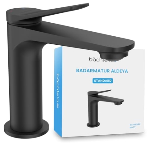 Bächlein Badarmatur Aldeya in modernem Design, Einhebelmischer mit langlebiger Keramikkartusche und Montage-Set, Bad Wasserhahn Schwarz Matt