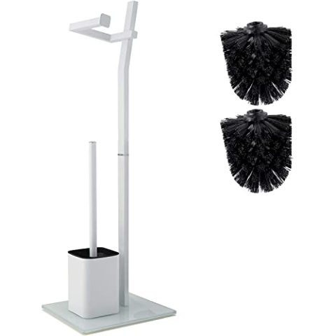 WC Garnitur - Weiß - 22 x 18 x 70 cm - Inkl. Toilettenpapierhalter Und Toilettenbürste - Rostfreier Edelstahl - Standfuß Aus Glas Mit Klobürste - Plus: 1 und 2 Klobürstenköpfe Zum Austauschen