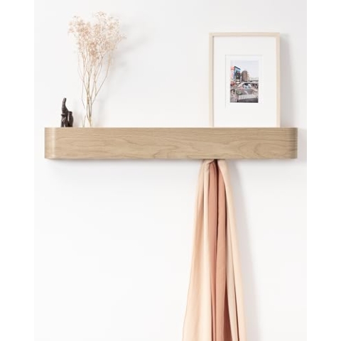 Kazai. Wandgarderobe 'Toke' | Moderne Design-Garderobe mit verdeckten Wandhaken | Garderobenpaneel aus Massivem Echtholz-Furnier | Eiche, weiß