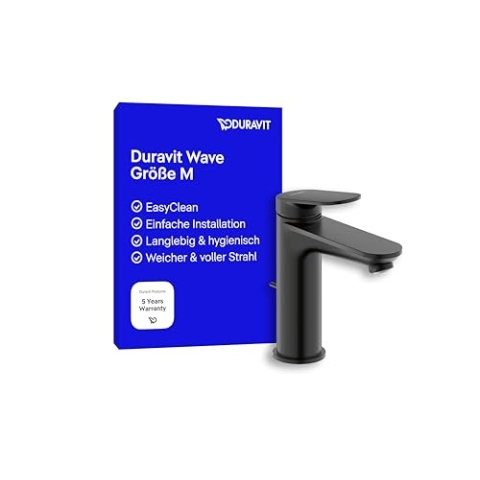 Duravit Wave Waschtischarmatur, Größe M (Auslauf Höhe 111 mm), Wasserhahn Bad mit Zugstangen-Ablaufgarnitur, Armatur Waschbecken, Schwarz Matt