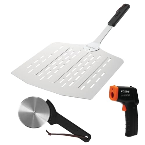 cozze® Geschenkset mit Pizzaschaufel, Thermometer & Pizzaschneider – Luxuriöses 3-teiliges Set für Pizza-Liebhaber