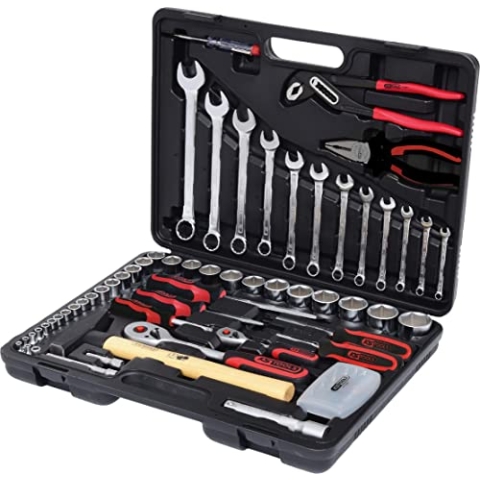 KS Tools 911.0688 1/4 Zoll + 1/2 Zoll Werkzeug-Satz | inklusive 2 Umschaltknarren, 45-Zahn | matt satiniert | 88-tlg.