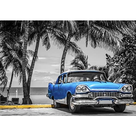 Forwall Fototapete Vlies Wanddeko Auto Oldtimer - Blau Strand Palmen Kuba Havanna Vliestapete Wand Tapete Moderne Wohnzimmer Schlafzimmer Wanddekoration 13335VEXXXL 416cm x 254cm