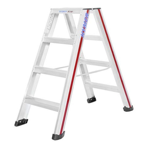 Hymer Stufenstehleiter 2x4 Stufen (beidseitig begehbar, Spreizsicherung, große Lederschuhe, Standhöhe ca. 0,44 m) 602408