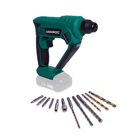 VONROC Akku-Bohrhammer – VPower 20 V – Inkl. 2,0 Ah Akku und Ladegerät – 1,3 Joule – SDS-plus – Inkl. Zubehör und Werkzeugtasche (Ohne Akku & Ladegerät)